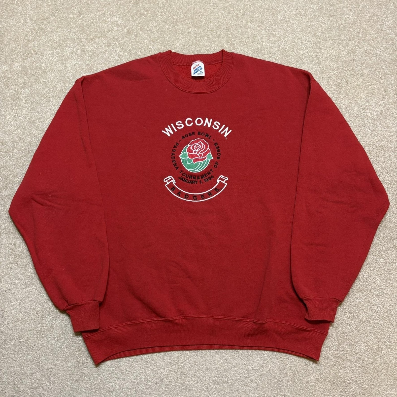 Vtg Wisconsin Badgers Sweatshirt Mens Xl Red Ncaa Football Rose Bowl Jerzees 90s